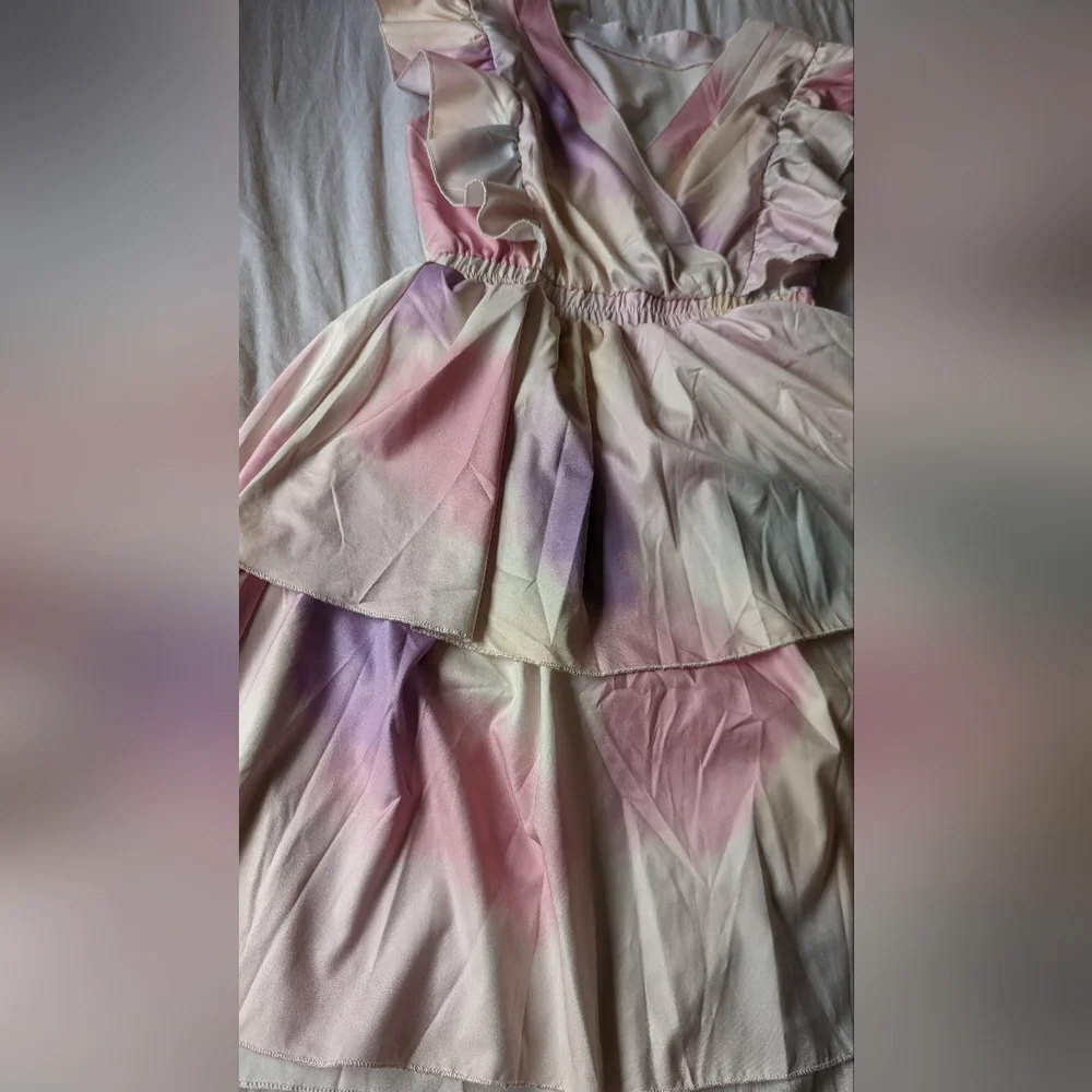 Layered ruffles mini dress cotton candy sunset tie dye M - Picture 2 of 5